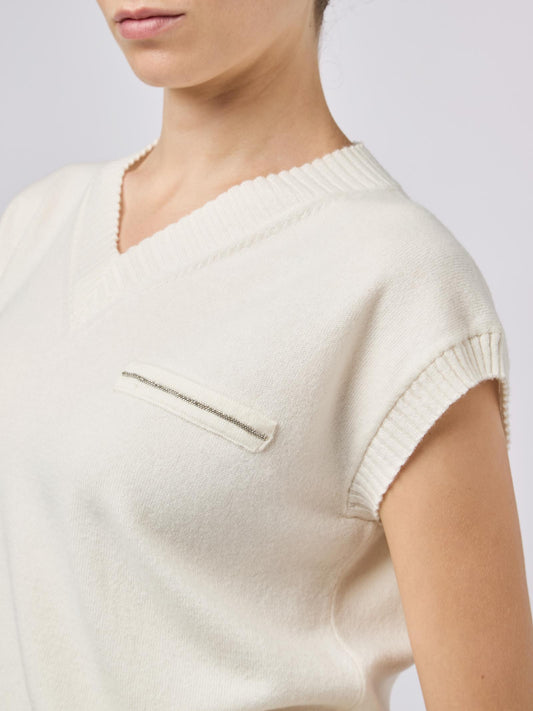 Maglia kimono scollo a V in puro cashmere con dettaglio catenella - Maglia kimono scollo a V in puro cashmere con dettaglio catenella alt - 002