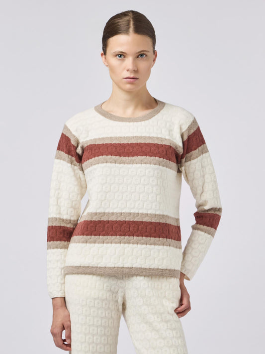 Maglia girocollo in puro cashmere, lavorazione goffrata con bande orizzontali bianco 240a76_fw241a_217217
