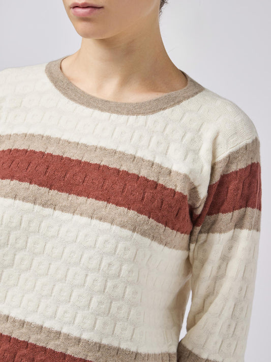 Maglia girocollo in puro cashmere, lavorazione goffrata con bande orizzontali - Maglia girocollo in puro cashmere, lavorazione goffrata con bande orizzontali alt - 002