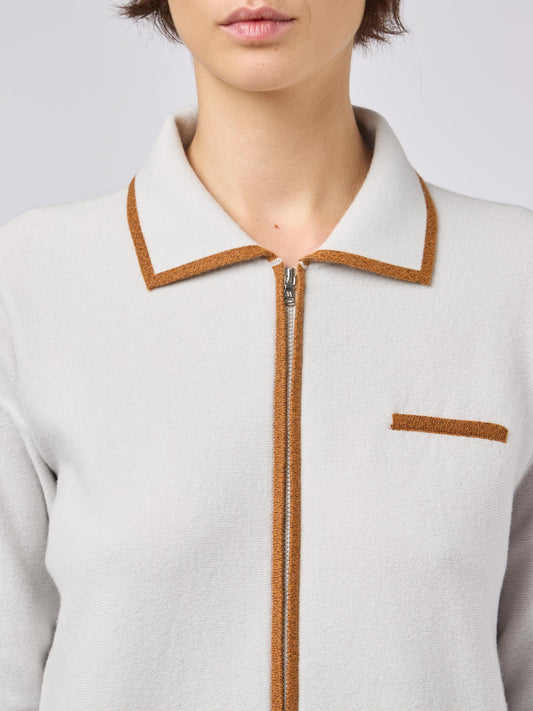 Cardigan zippato con collo camicia, inserti in contrasto, tasche e taschino - Cardigan zippato con collo camicia, inserti in contrasto, tasche e taschino alt - 002