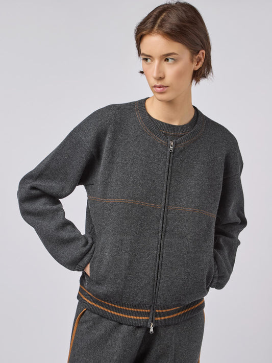 Maglia donna con zip, impunture e bordi in contrasto grafite mel 240b28_fw241c_425425
