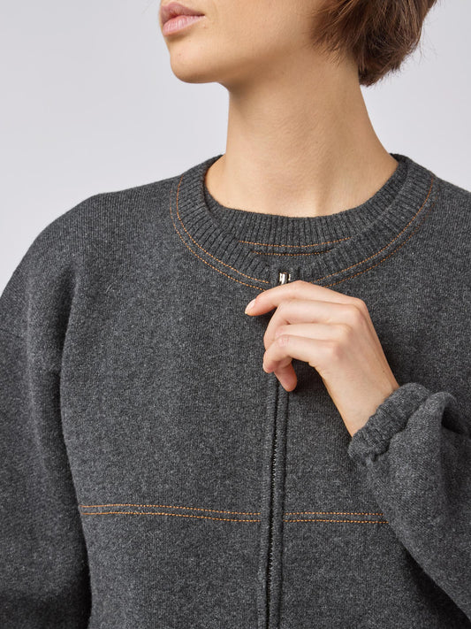Maglia donna con zip, impunture e bordi in contrasto - Maglia donna con zip, impunture e bordi in contrasto alt - 002