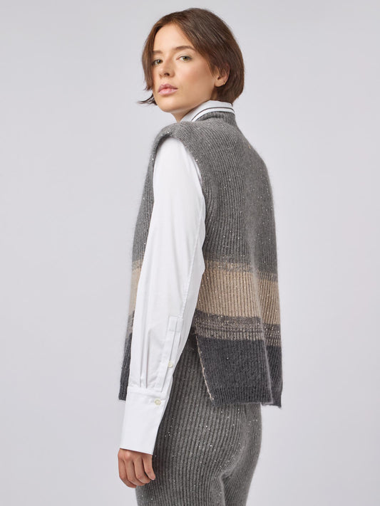 Maglia lupetto donna smanicata con spacchi, costa inglese sfumata con paillettes grafite mel 240e45_fw246b_425425