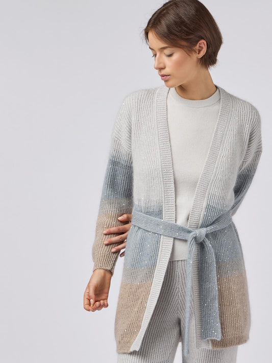 Maglia cardigan donna con cintura, costa inglese sfumata con paillettes avena 240e48_fw246b_j16j16