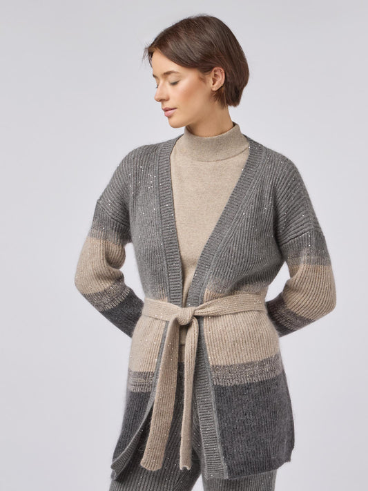 Maglia cardigan donna con cintura, costa inglese sfumata con paillettes grafite mel 240e48_fw246b_425425