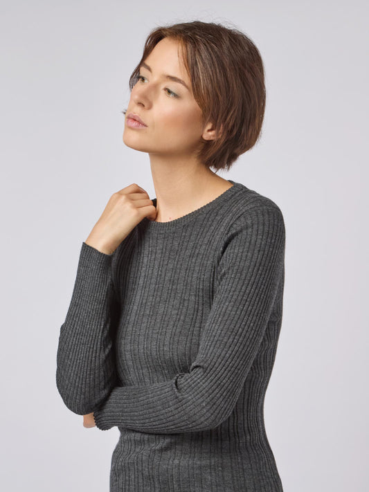 Maglia girocollo donna con lavorazione a costina antracite 240t40_fw248a_090090