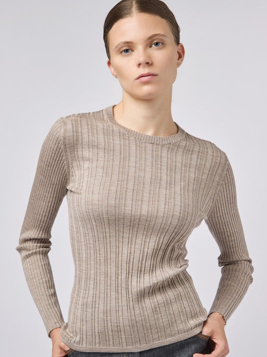 Maglia girocollo donna con lavorazione a costina tortora 240t40_fw248a_145145