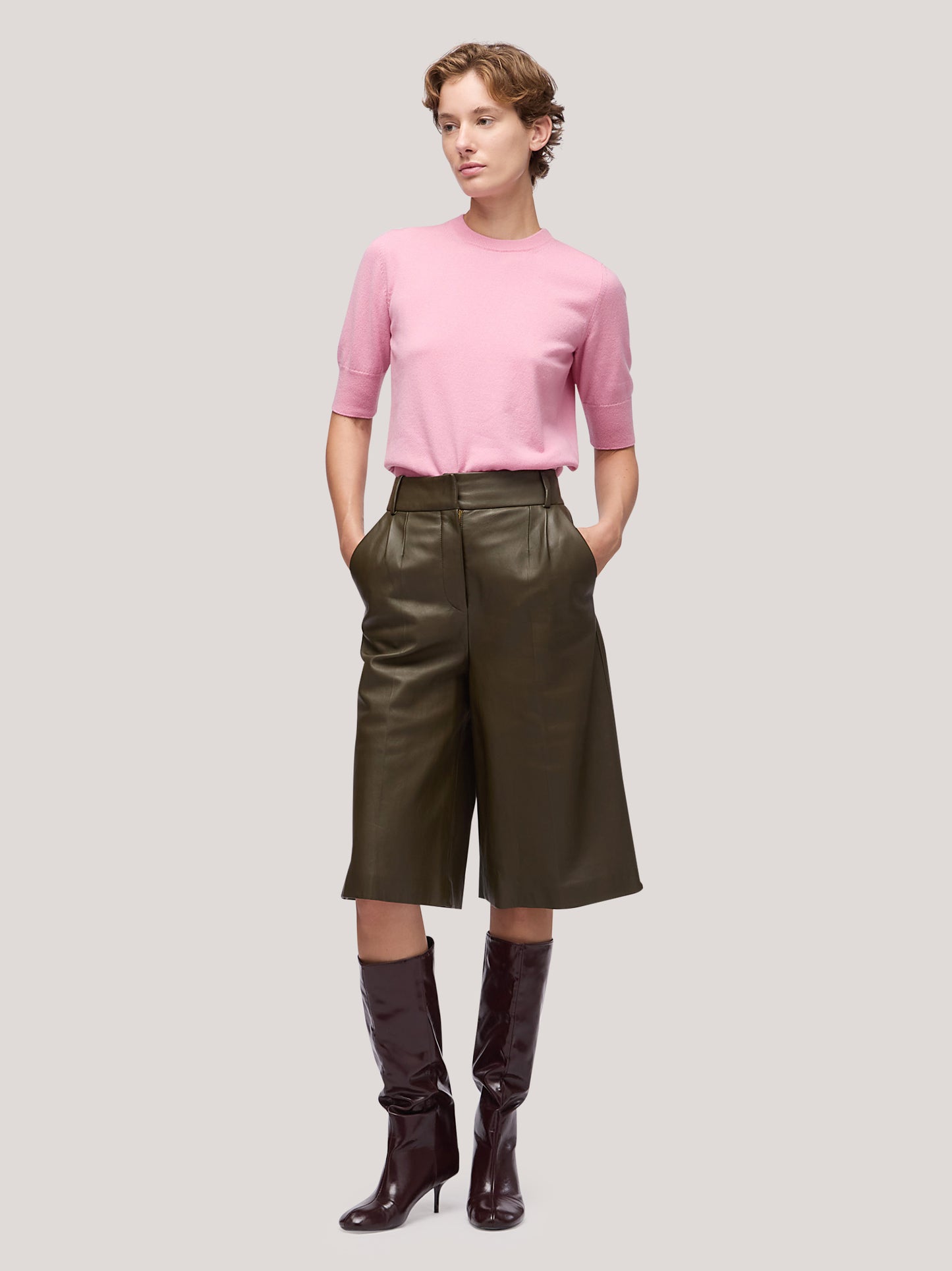 Women's crew neck sweater with elbow-length sleeves and ribbed edges pink 250a12_fw25-3_t99pin 68160225739078