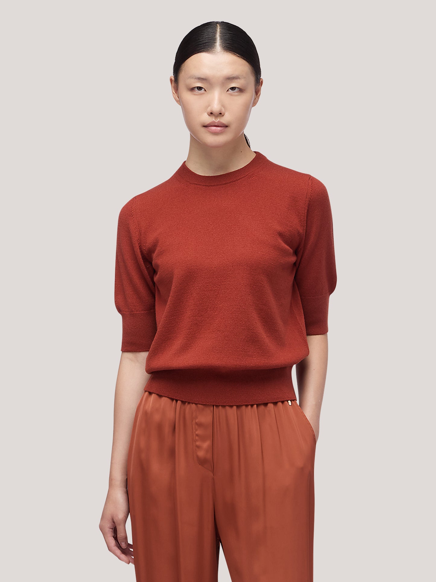 Women's crew neck sweater with elbow-length sleeves and ribbed edges copper 250a12_fw25-3_677ram 68160228917574