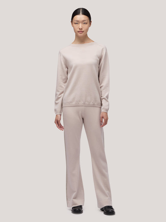 Maglia donna paricollo manica lunga, catenella sul fianco beige chiaro mel 250a24_fw25-3_167bec