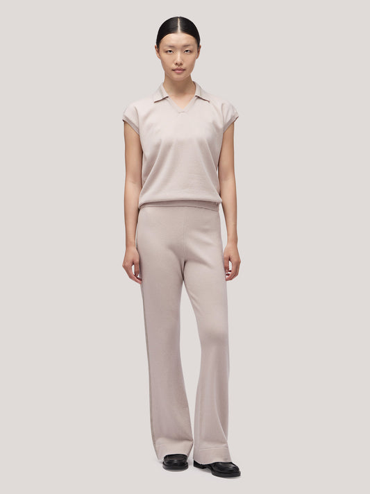 Maglia polo donna manica corta, catenella su collo beige chiaro mel 250a25_fw25-3_167bec