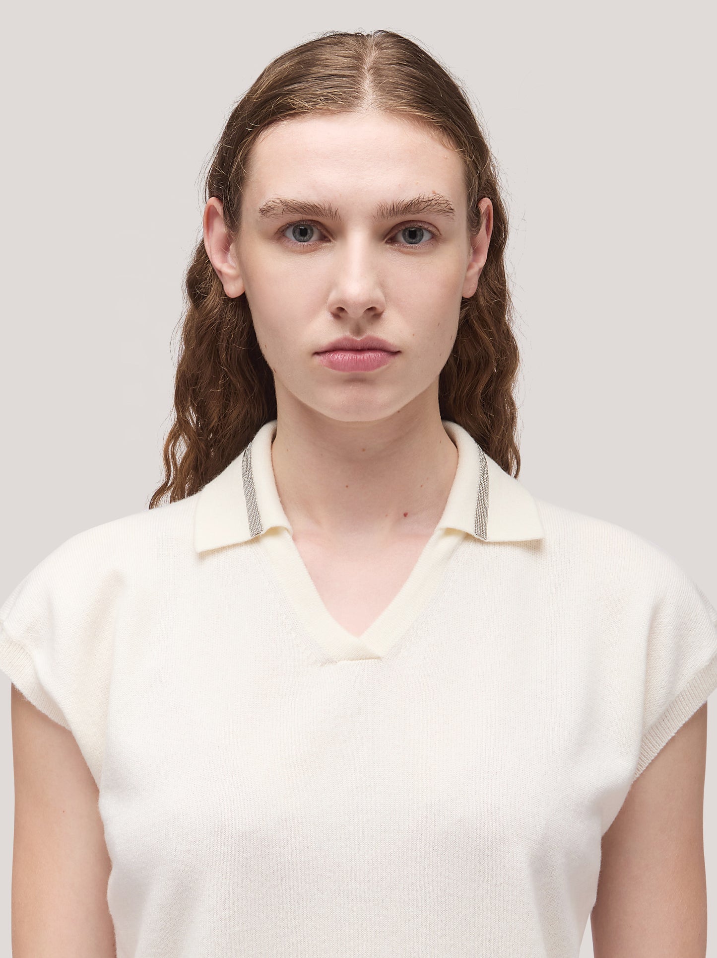 Maglia polo donna manica corta, catenella su collo bianco naturale 250a25_fw25-3_217bia 68160126386502