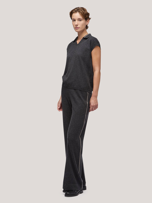 Maglia polo donna manica corta, catenella su collo grafite mel 250a25_fw25-3_425gra