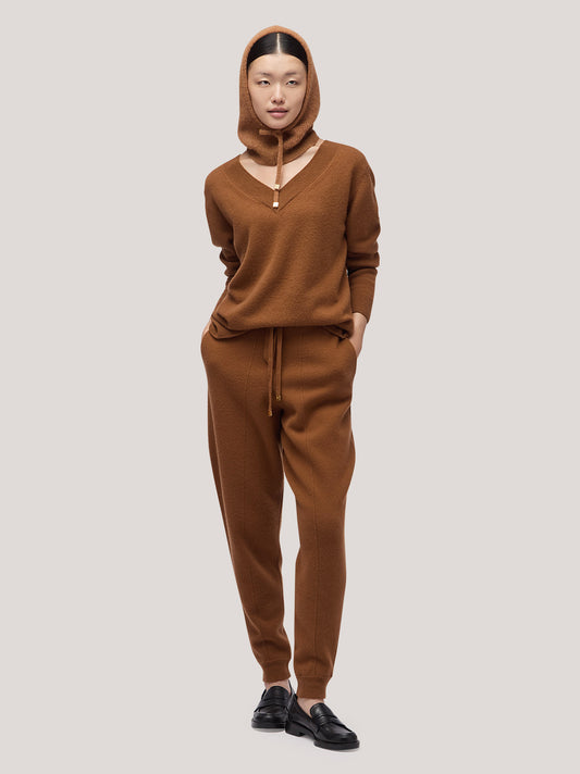 Maglia donna scollo V profondo manica lunga, garzato caramel cafe 250a95_fw25-3_165car
