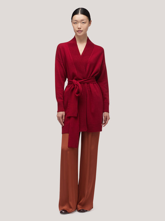 Maglia cardigan donna liste a costa, tasche e cintura, garzato ciliegia 250a97_fw25-3_821cil