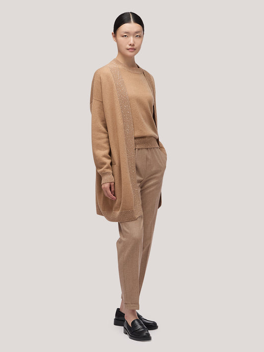 Maglia cardigan donna aperto con inserto paillettes su liste biscotto 250f00_fw256a_846bis