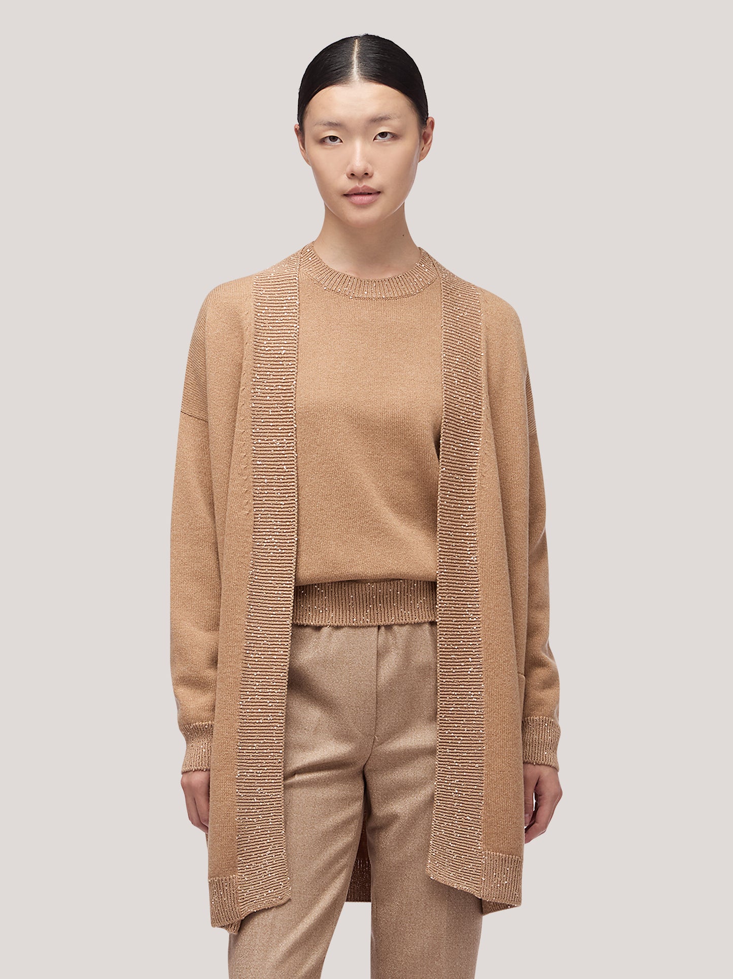 Maglia cardigan donna aperto con inserto paillettes su liste biscotto 250f00_fw256a_846bis 68148326859078
