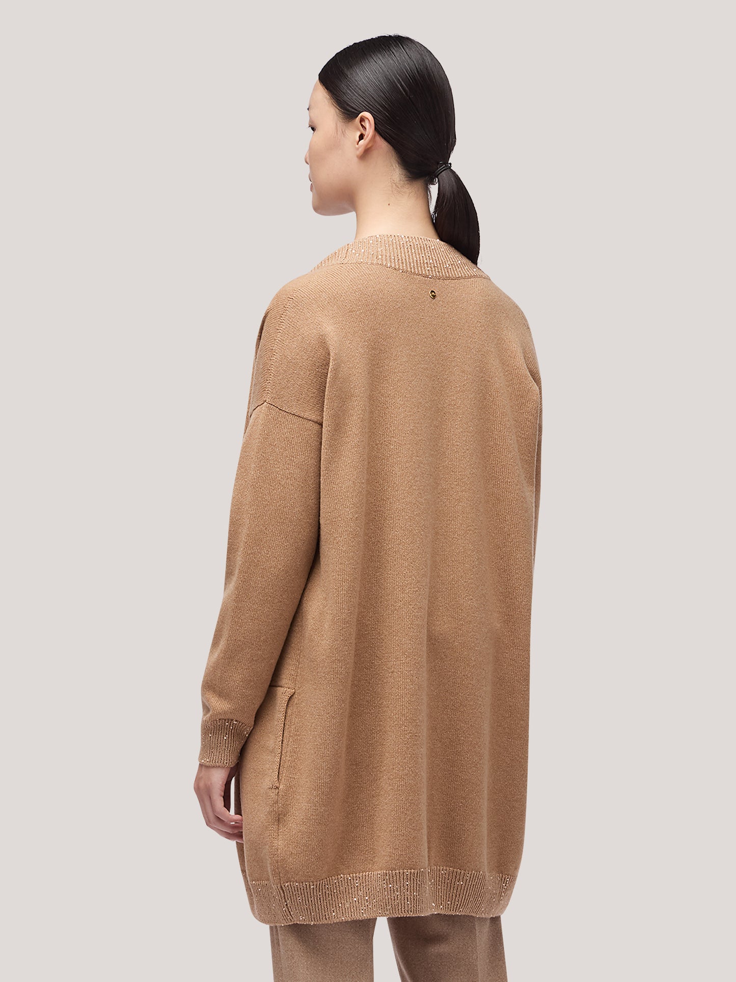 Maglia cardigan donna aperto con inserto paillettes su liste biscotto 250f00_fw256a_846bis 68148326891846