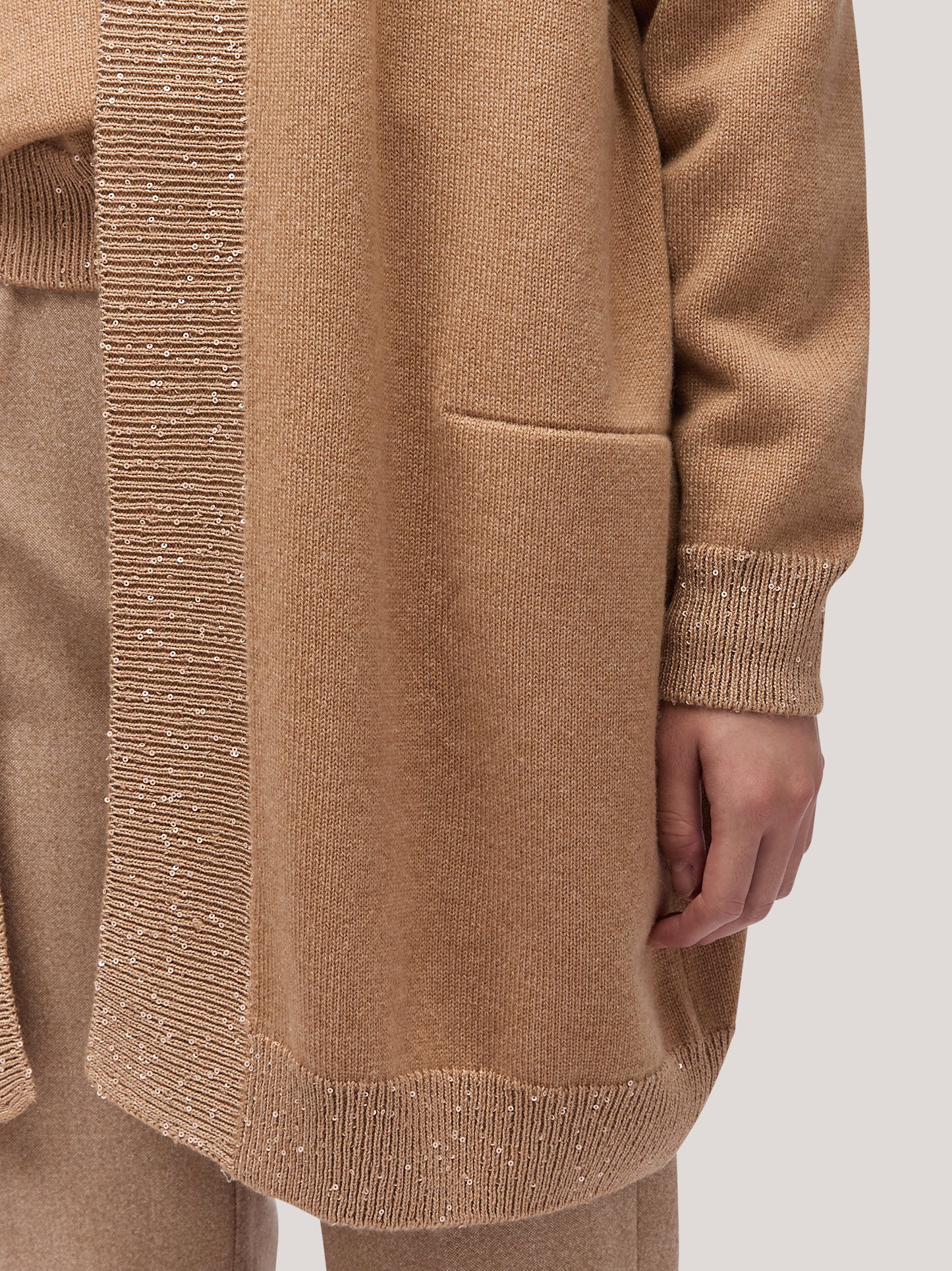 Maglia cardigan donna aperto con inserto paillettes su liste biscotto 250f00_fw256a_846bis 68148326924614