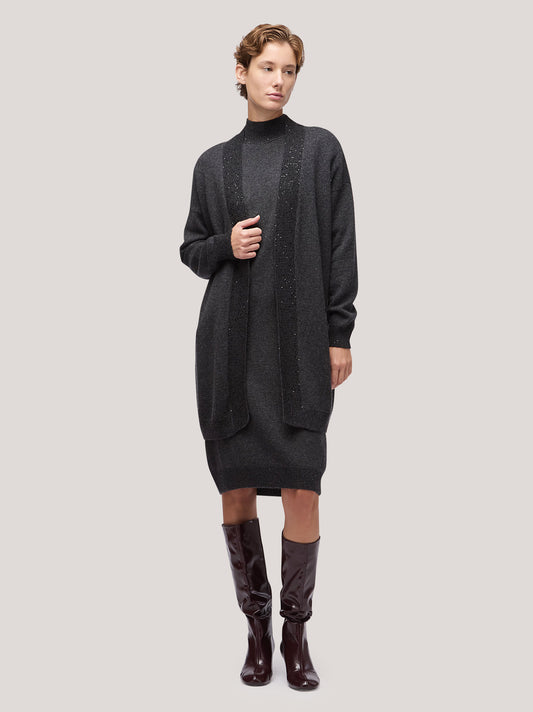 Maglia cardigan donna aperto con inserto paillettes su liste grafite mel 250f00_fw256a_425gra