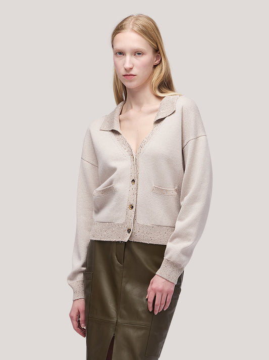 Maglia cardigan donna collo polo con tasche, inserto paillettes su bordi - Maglia cardigan donna collo polo con tasche, inserto paillettes su bordi alt - 002