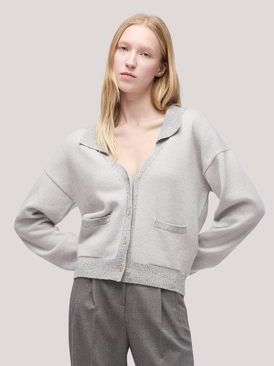 Maglia cardigan donna collo polo con tasche, inserto paillettes su bordi - Maglia cardigan donna collo polo con tasche, inserto paillettes su bordi alt - 002