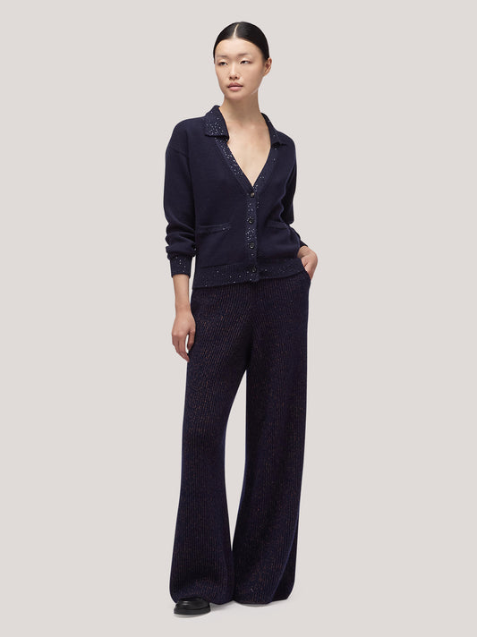 Maglia cardigan donna collo polo con tasche, inserto paillettes su bordi notte 250f01_fw256a_064not