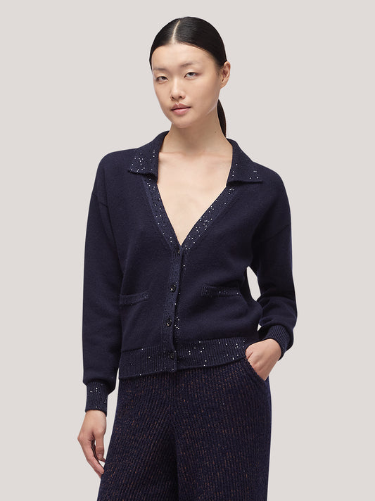 Maglia cardigan donna collo polo con tasche, inserto paillettes su bordi - Maglia cardigan donna collo polo con tasche, inserto paillettes su bordi alt - 002