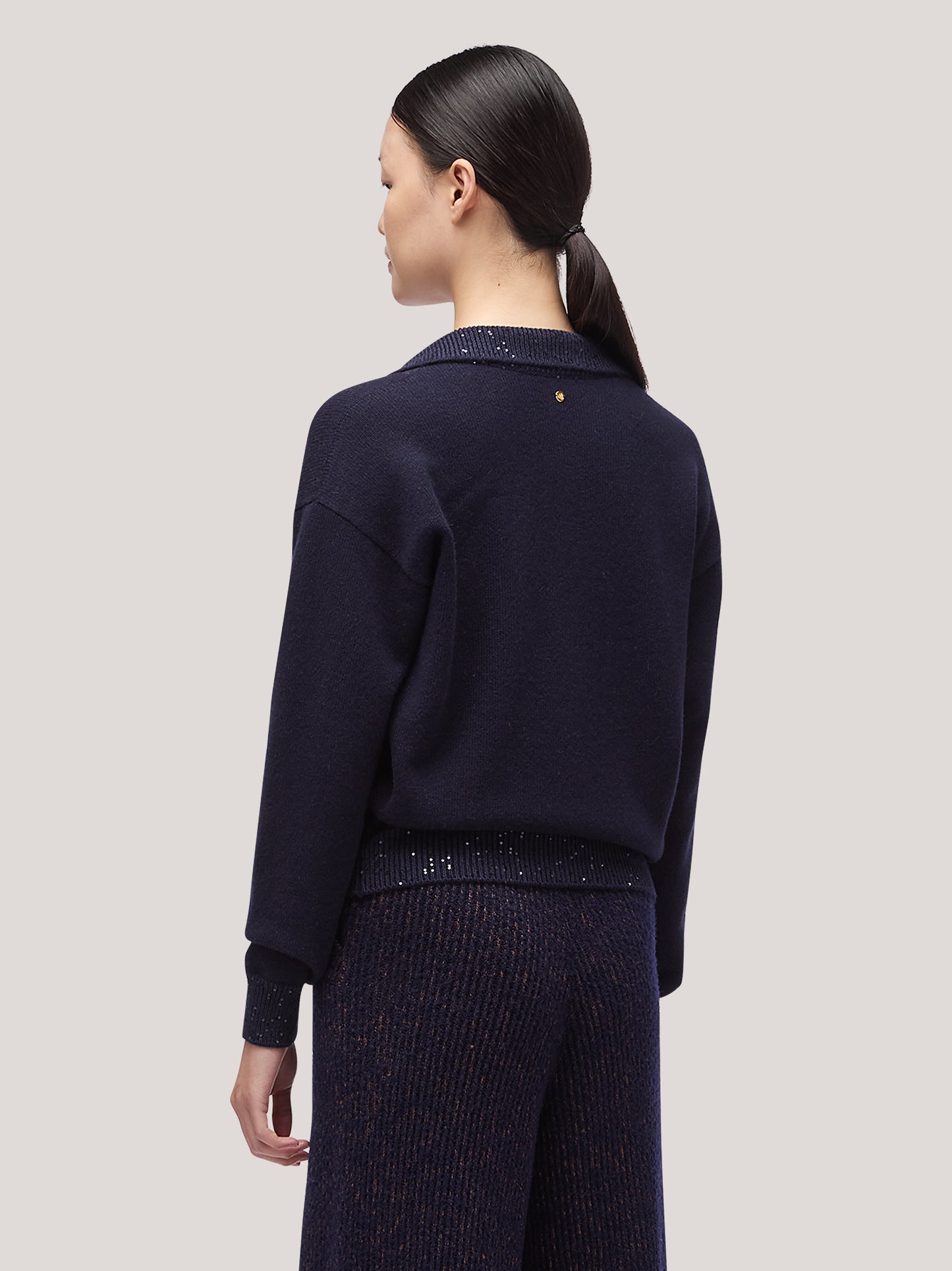 Maglia cardigan donna collo polo con tasche, inserto paillettes su bordi notte 250f01_fw256a_064not 68148313784646
