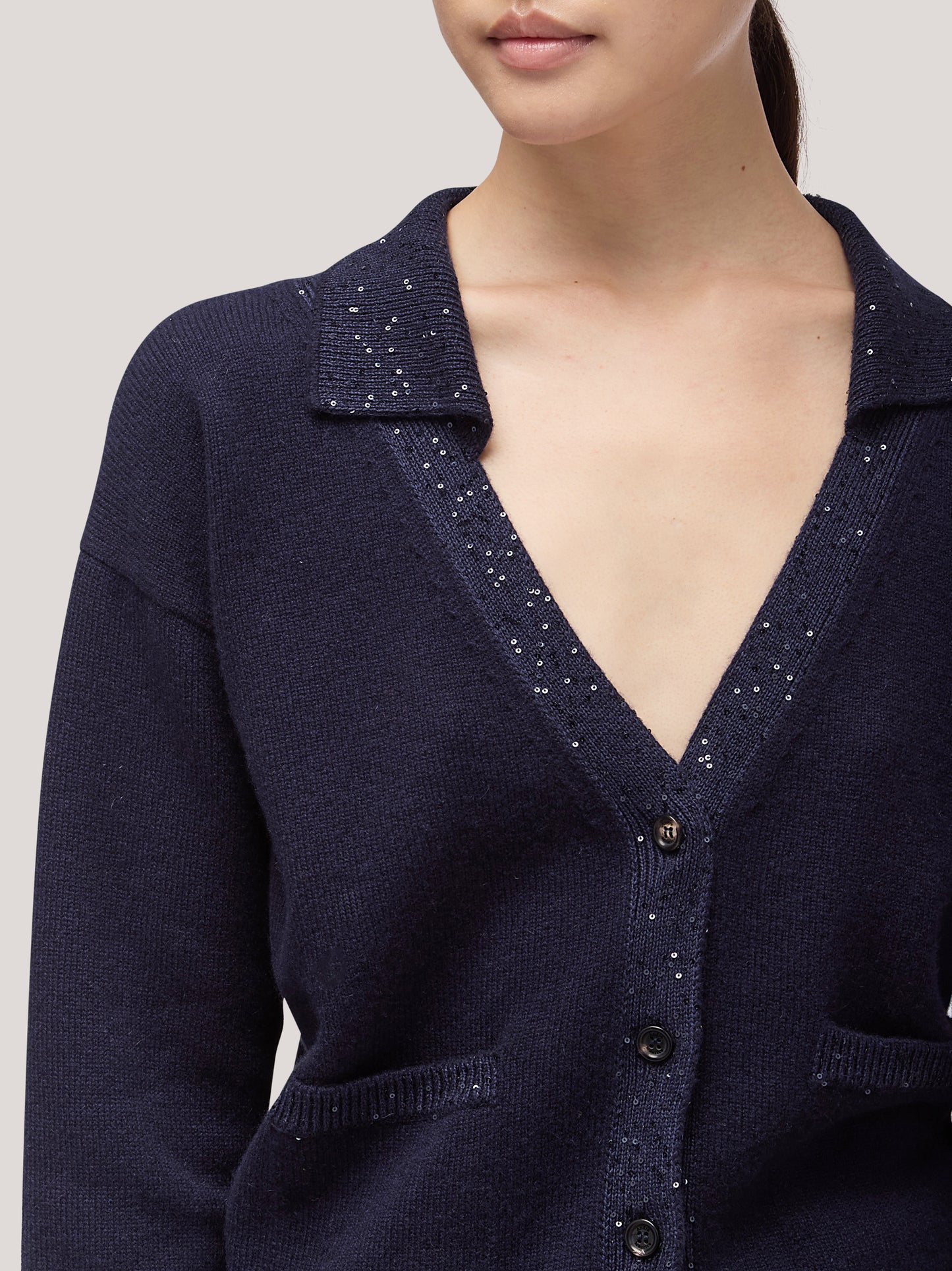 Maglia cardigan donna collo polo con tasche, inserto paillettes su bordi notte 250f01_fw256a_064not 68148313817414