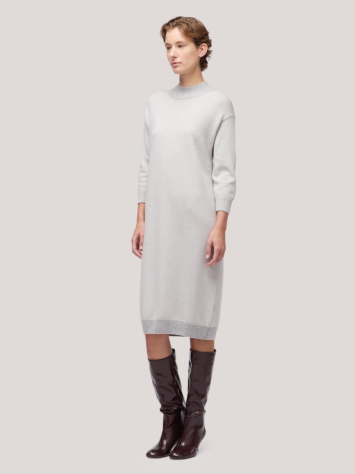 Abito lupetto donna con inserto paillettes su bordi grigio chiaro mel 250f06_fw256a_166grc 68148248641862