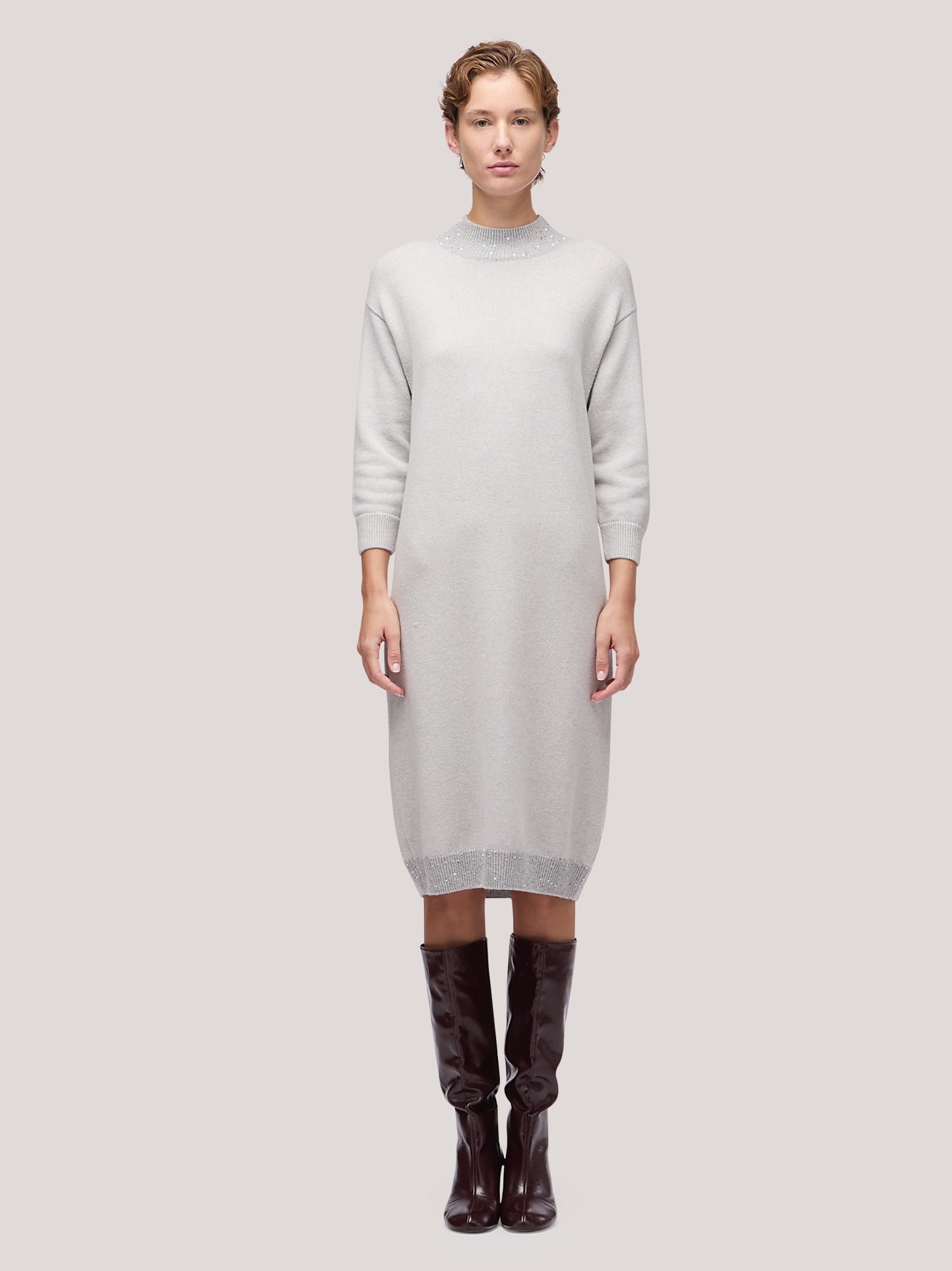 Abito lupetto donna con inserto paillettes su bordi grigio chiaro mel 250f06_fw256a_166grc 68148248674630
