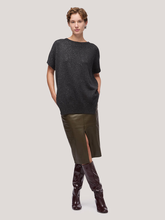Maglia donna kimono scollo tondo, smanicato con spacchi, applicazione paillettes grafite mel 250f30_fw256a_425gra
