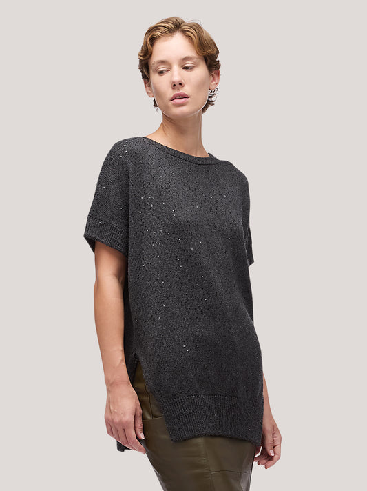 Maglia donna kimono scollo tondo, smanicato con spacchi, applicazione paillettes - Maglia donna kimono scollo tondo, smanicato con spacchi, applicazione paillettes alt - 002