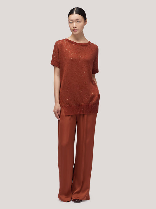 Maglia donna kimono scollo tondo, smanicato con spacchi, applicazione paillettes rame 250f30_fw256a_677ram