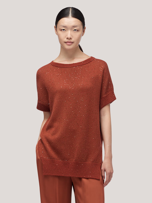 Maglia donna kimono scollo tondo, smanicato con spacchi, applicazione paillettes - Maglia donna kimono scollo tondo, smanicato con spacchi, applicazione paillettes alt - 002