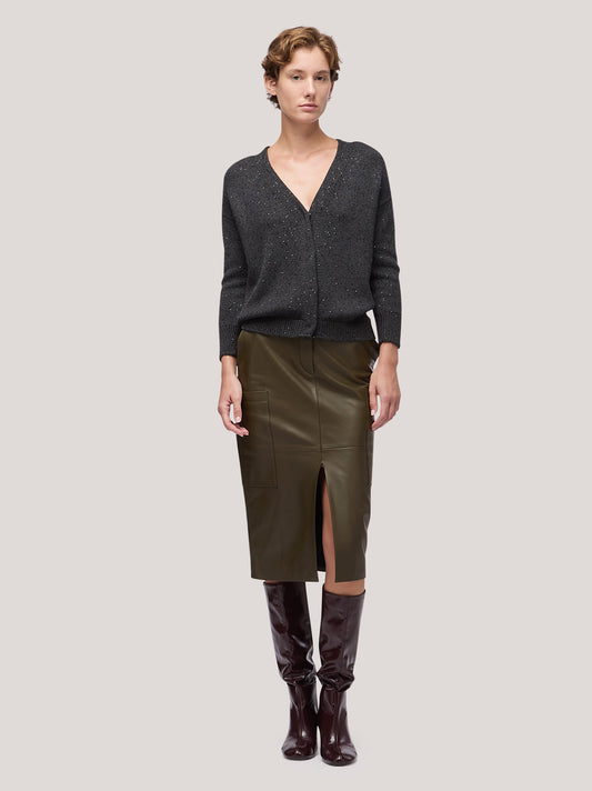 Maglia donna cardigan manica lunga, applicazione paillettes grafite mel 250f32_fw256a_425gra