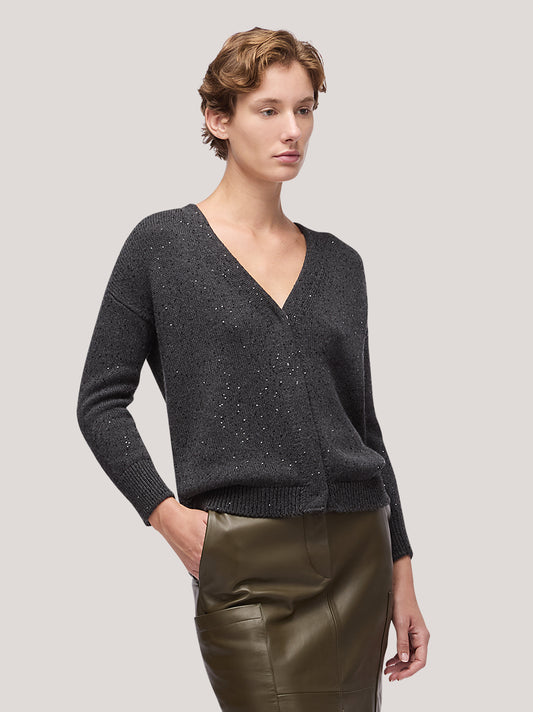 Maglia donna cardigan manica lunga, applicazione paillettes - Maglia donna cardigan manica lunga, applicazione paillettes alt - 002