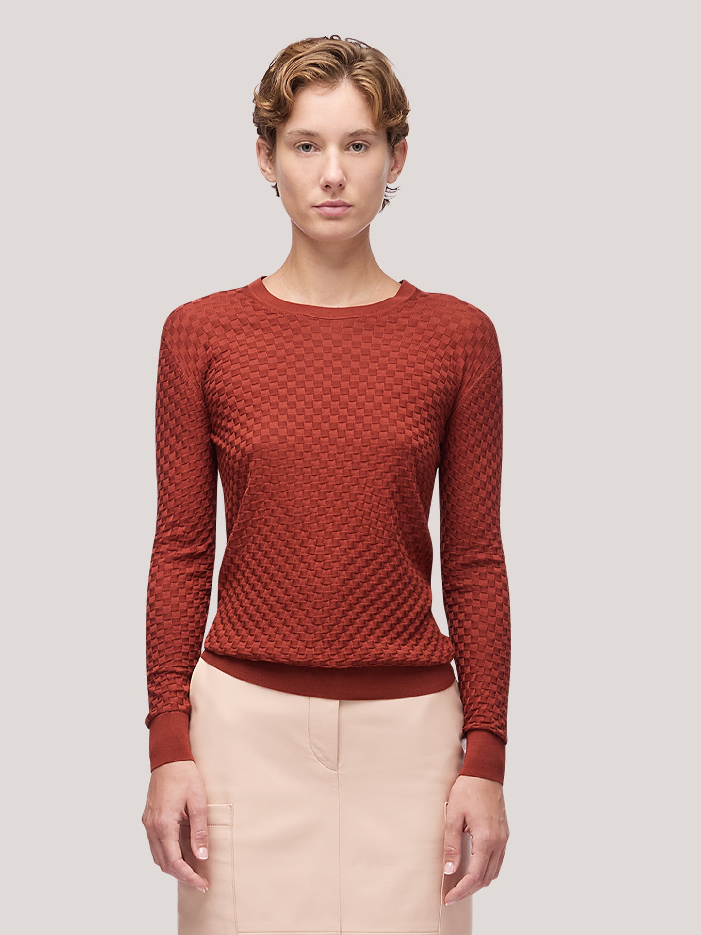 Maglia donna girocollo manica lunga, lavorazione damier rame 250h30_fw251b_677ram 68147957924166