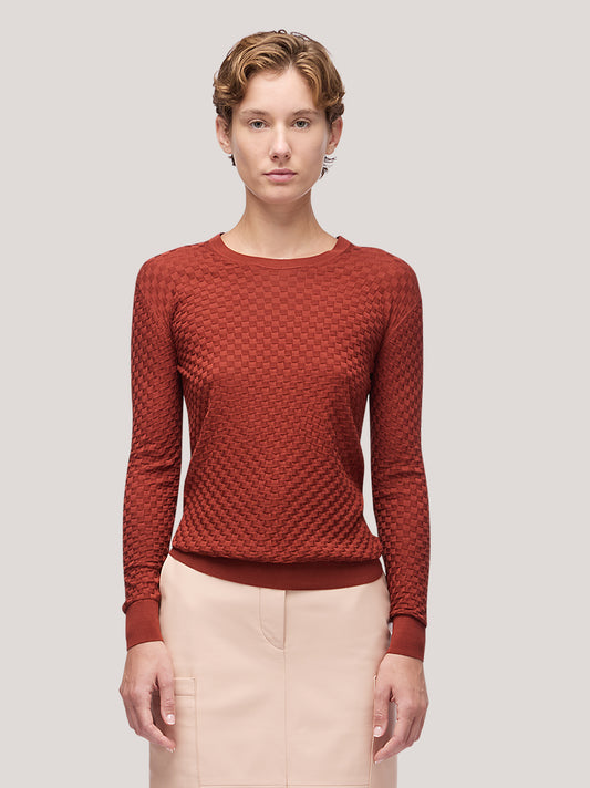 Maglia donna girocollo manica lunga, lavorazione damier - Maglia donna girocollo manica lunga, lavorazione damier alt - 002