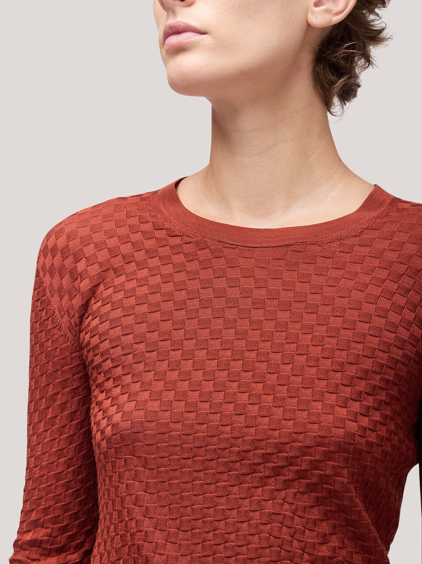 Maglia donna girocollo manica lunga, lavorazione damier rame 250h30_fw251b_677ram 68147957989702