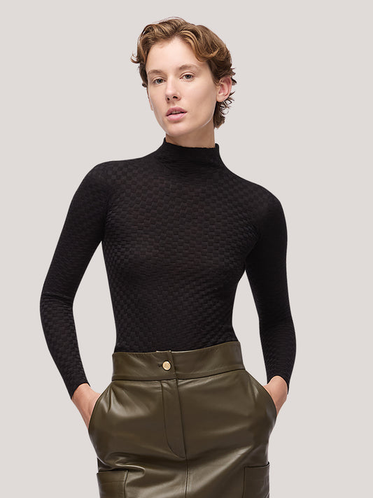 Maglia donna collo alto manica lunga, lavorazione damier - Maglia donna collo alto manica lunga, lavorazione damier alt - 002