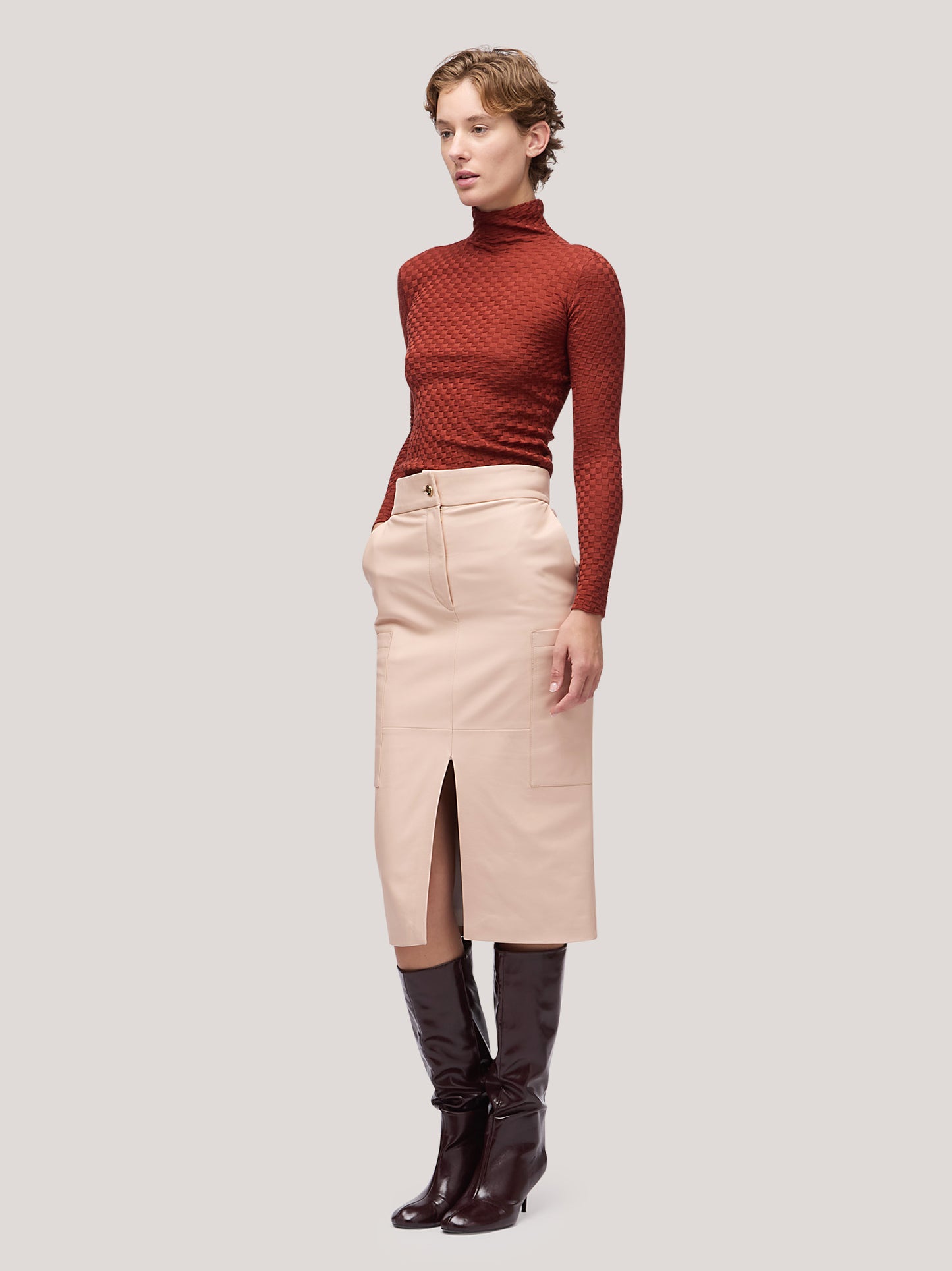 Maglia donna collo alto manica lunga, lavorazione damier rame 250h33_fw251b_677ram 68147928301894