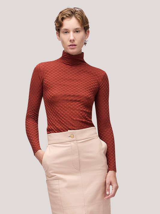 Maglia donna collo alto manica lunga, lavorazione damier - Maglia donna collo alto manica lunga, lavorazione damier alt - 002