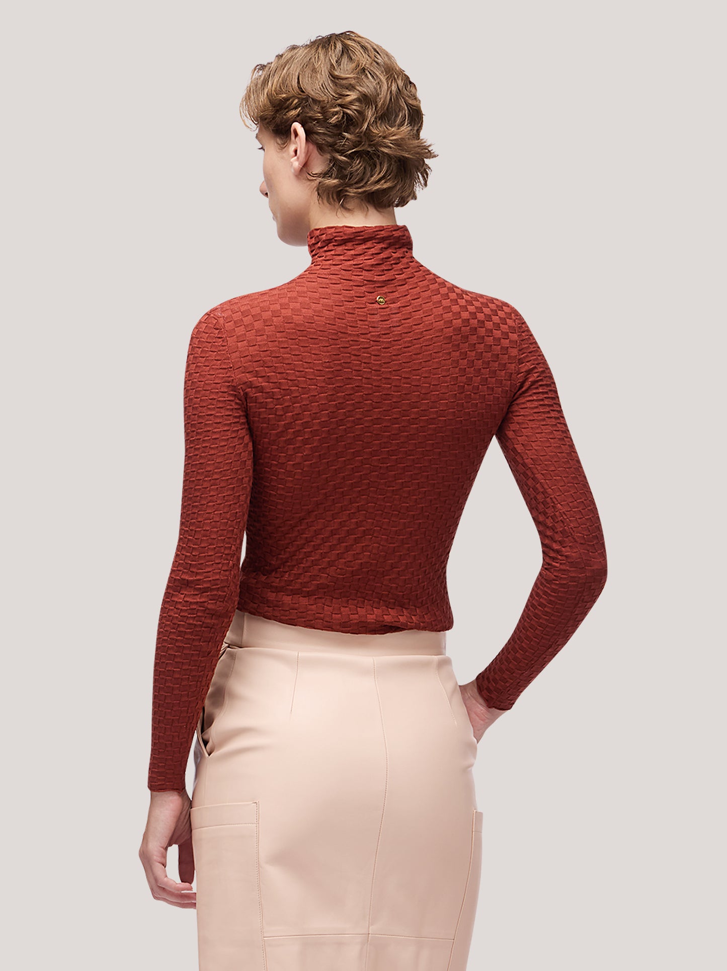 Maglia donna collo alto manica lunga, lavorazione damier rame 250h33_fw251b_677ram 68147928367430