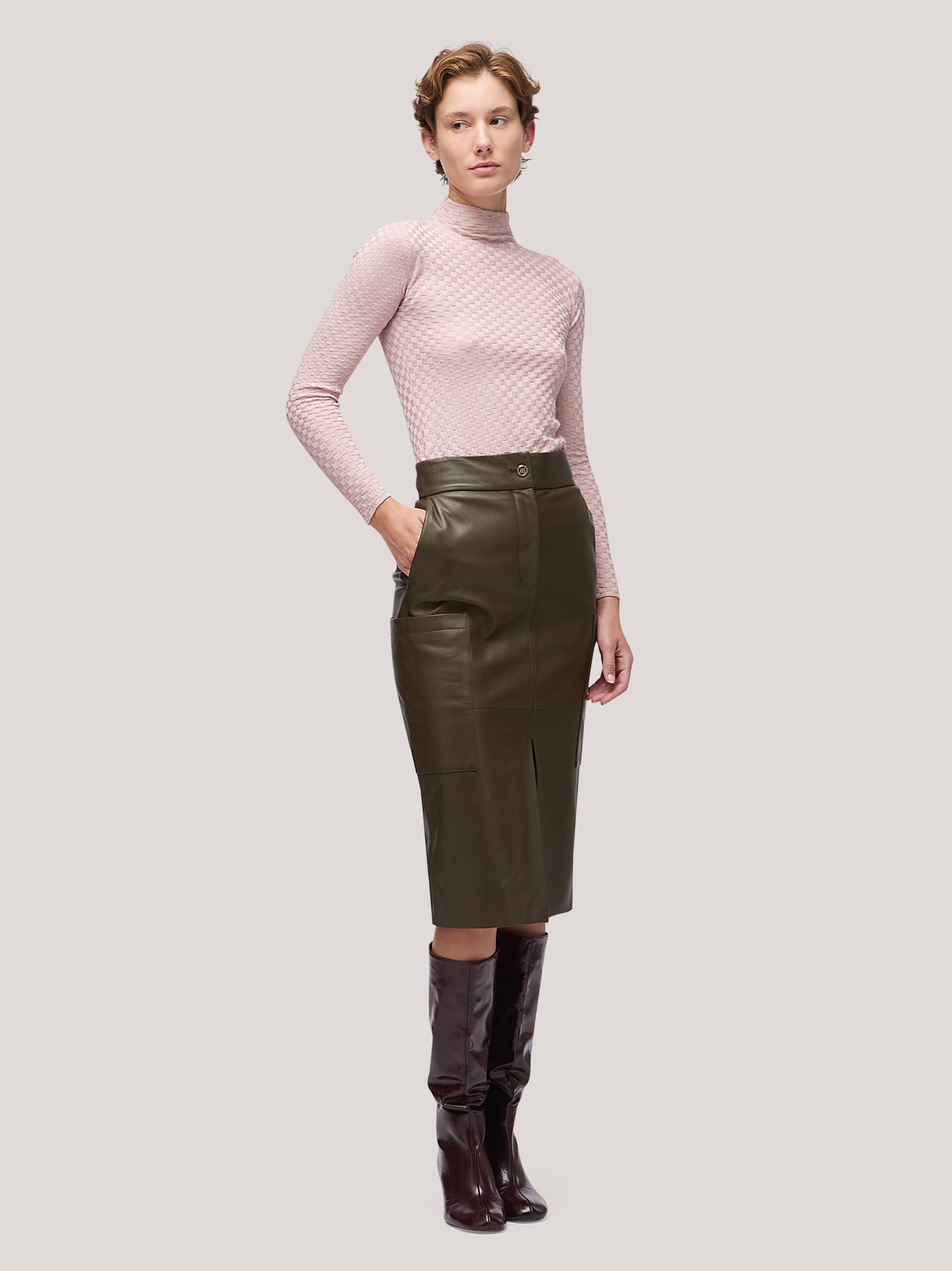 Maglia donna collo alto manica lunga, lavorazione damier rosa tenue 250h33_fw251b_a16ros 68147930956102