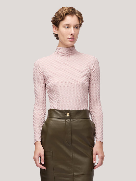 Maglia donna collo alto manica lunga, lavorazione damier - Maglia donna collo alto manica lunga, lavorazione damier alt - 002