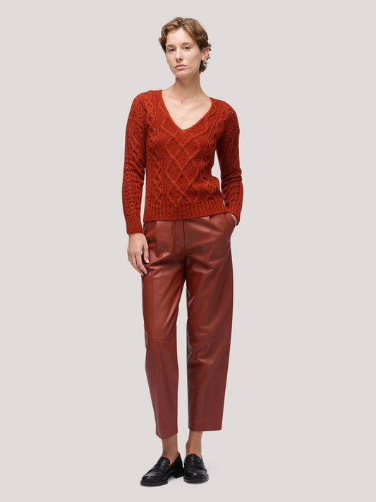 Maglia donna a trecce scollo V manica lunga, soft mohair rame 250n12_fw255a_677ram