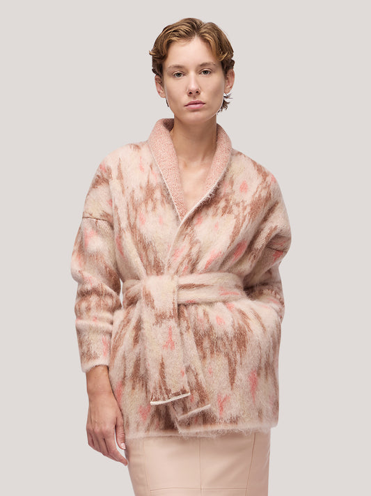 Maglia cardigan donna aperto con cintura, tasche, fantasia floreale pettinata - Maglia cardigan donna aperto con cintura, tasche, fantasia floreale pettinata alt - 002
