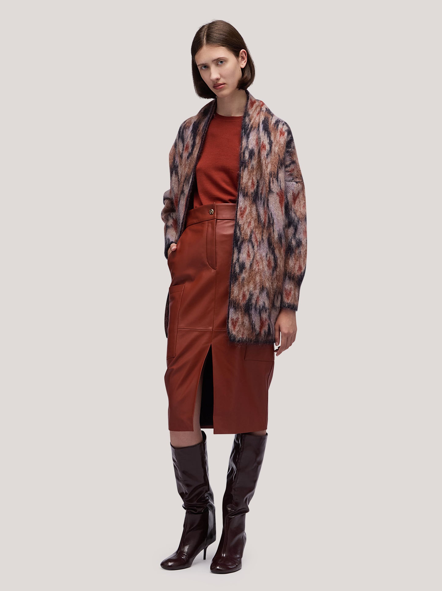 Maglia cardigan donna aperto con cintura, tasche, fantasia floreale pettinata blu /biscotto 250n22_fw255c_u01blu 68147737362758
